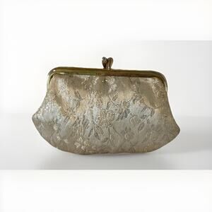 VTG Floral Brocade Fabric W/Kiss Clasp & Satin Interior Change Purse 5 X 3